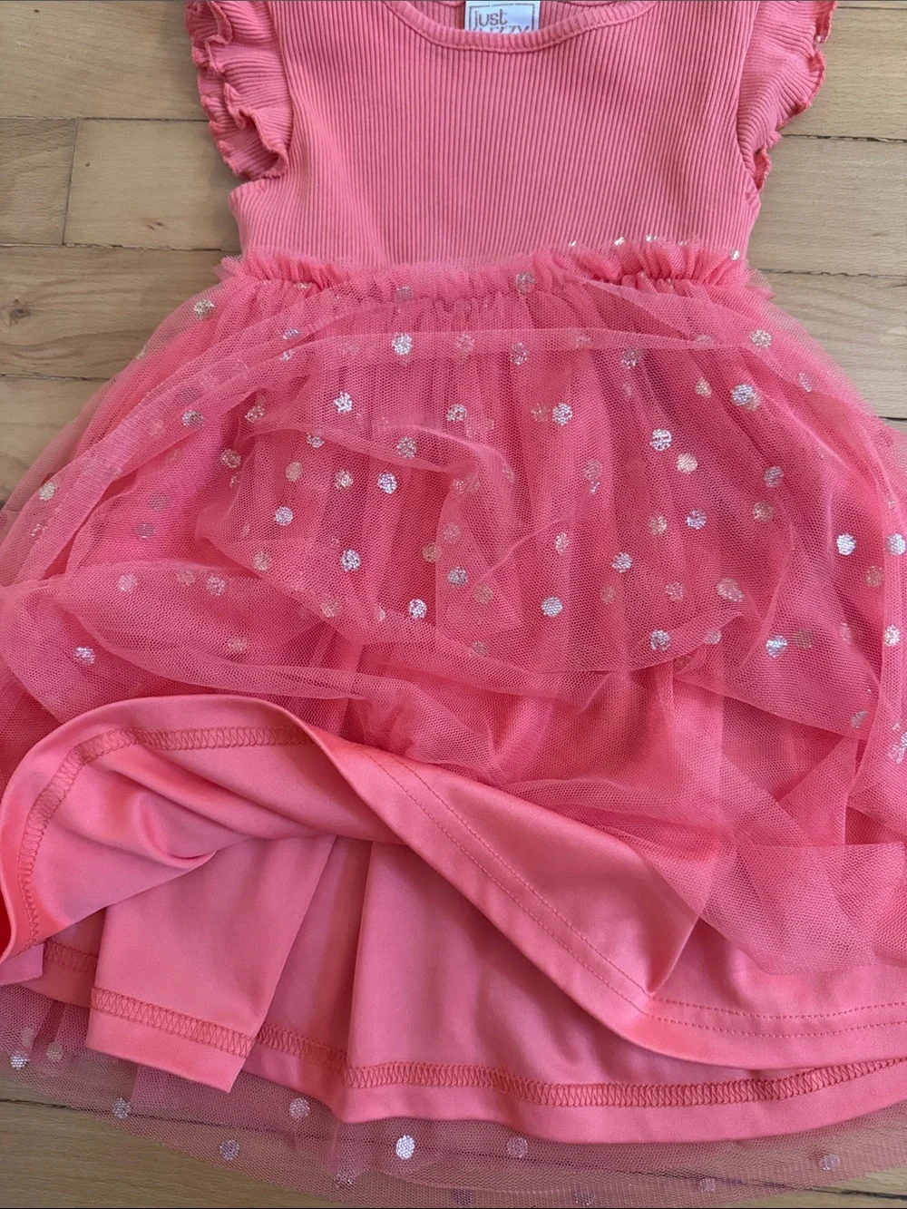 Coral Pink Tulle Party Dress with Gold Dots 3T
